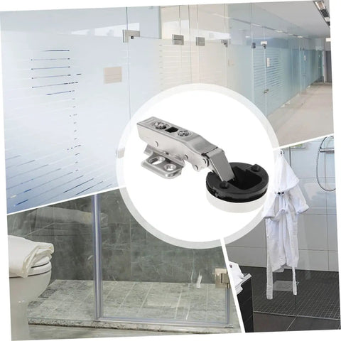 Four Pack Soft Close Glass Door Cabinet Hinges With Damping For Frameless Cabinets Smooth Silent Closing For Kitchen And Bathroom Durable Cold Rolled Steel Easy Install Hardware For Residential And Commercial Use displayed in shower and bathroom context.