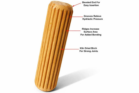 Fluted Birch Dowel Pins 100 Pack Half Inch By Two Inch Precision Milled For Furniture Joinery Cabinets Shelving Table Building Pro Grade Woodworking DIY Friendly, close-up view showing grooves.