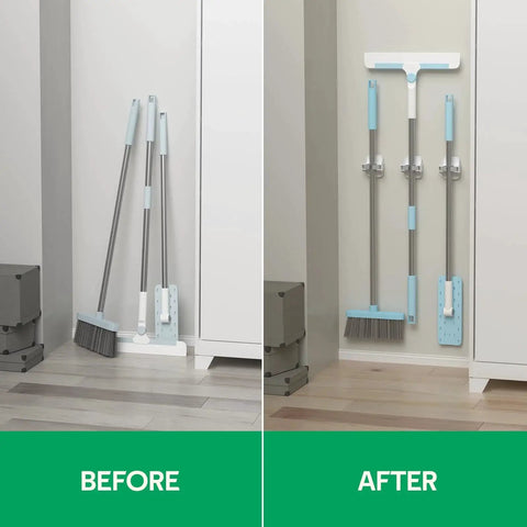 3 Pack Wall Mount Mop And Broom Holder Dustpan Organizer Self Adhesive No Drill shown before and after installation in a closet.