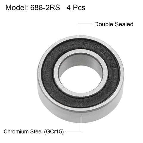 Chrome steel 688-2RS deep groove ball bearing, double sealed, 8x16x5 mm