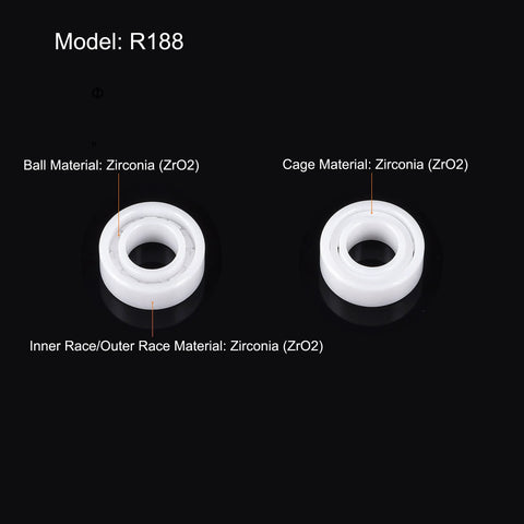 R188 ceramic bearing pair, 1/4 x 1/2 x 3/16 in, zirconia inner/outer races and ball with zirconia cage (front/side views)