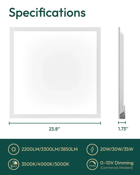 Specifications of 2x2 LED Flat Panel Light With 3CCT And Dimming, Choose 20W 30W Or 35W, No Fuss 0 To 10V Dimmable Drop Ceiling Fixture