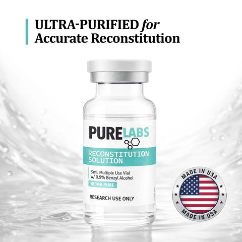 Front view of glass vial labeled PURELABS Reconstitution Solution, 3 mL, with Made in USA seal.