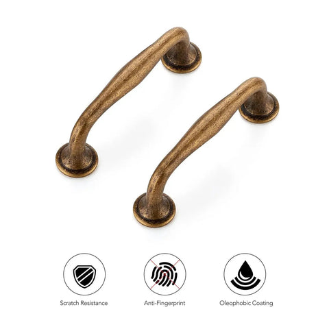 Antique Brass 3 Inch Cabinet Handles Set Of 5 In Solid Zinc Alloy For Kitchen Cabinets And Drawers with smooth edges and secure fit shown in detail.