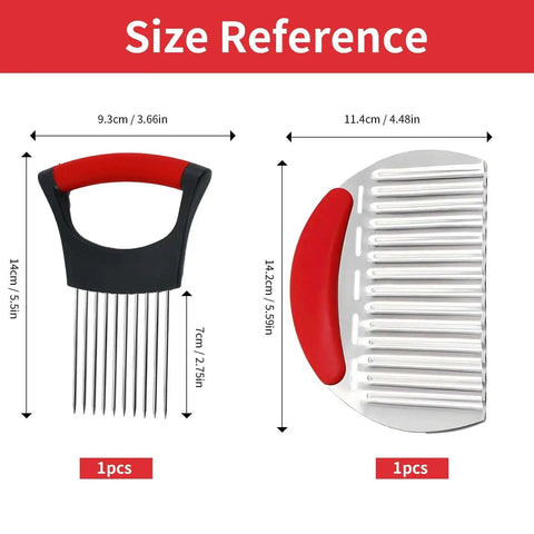 All In One Onion Holder And French Fry Cutter Set With Vegetable Chopper Meat Tenderizer And Wavy Potato Slicer In Stainless Steel For Safe Fast Kitchen Prep Onions Potatoes And Veggies Pro Grade Quality No Fuss image showing size dimensions.
