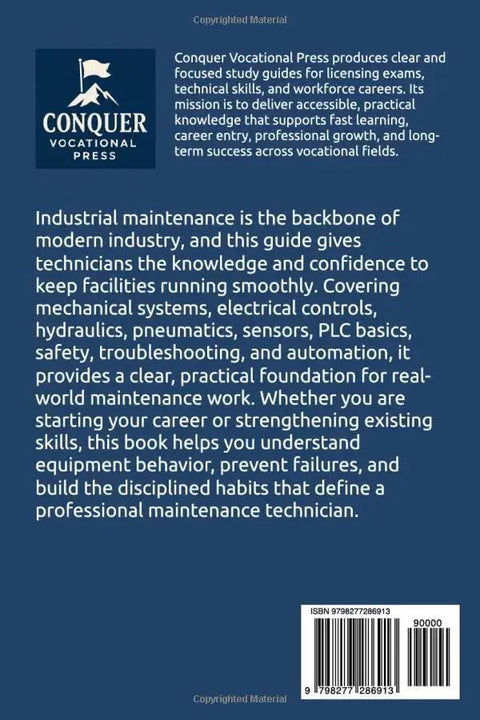 Back cover of Conquer the Industrial Maintenance Technician Career book; blue with Conquer logo and barcode.