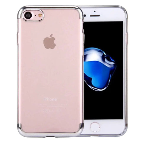 Rose gold smartphone with black screen displayed, featuring a transparent protective case with silver accents, showing front and back views.