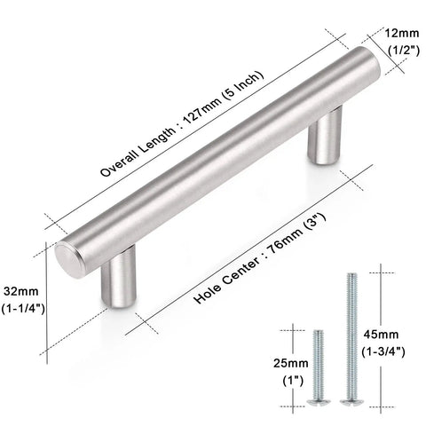 Diagram of 30 Pack 3 Inch Hole Centers Kitchen Cabinet Handles Euro T Bar Pulls in brushed nickel stainless steel, 5-inch length