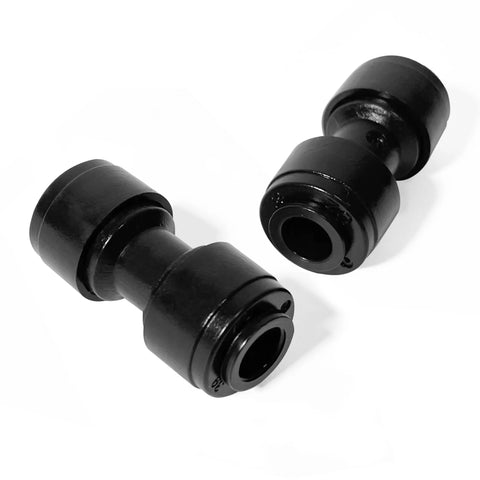 Two black 1/4-inch quick-connect irrigation straight fittings for 1/4" tubing.