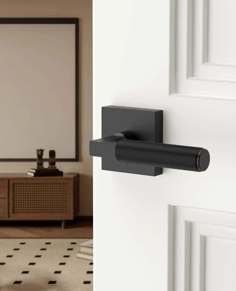 4 Pack Black Privacy Door Handles Set With Inside Button Levers For Bedroom And Bathroom, installed on white door