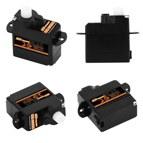 Four views of Five Pack 2G Plastic Gear Mini Servo Hobby Grade Digital Coreless Motor for RC models, ideal for 1/24 scale.
