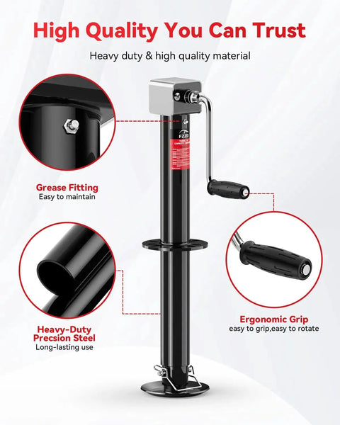 A Frame Trailer Jack 5000 LB Cordless Drill Compatible 23 Inch Lift For RVs showcasing precision steel and ergonomic grip.