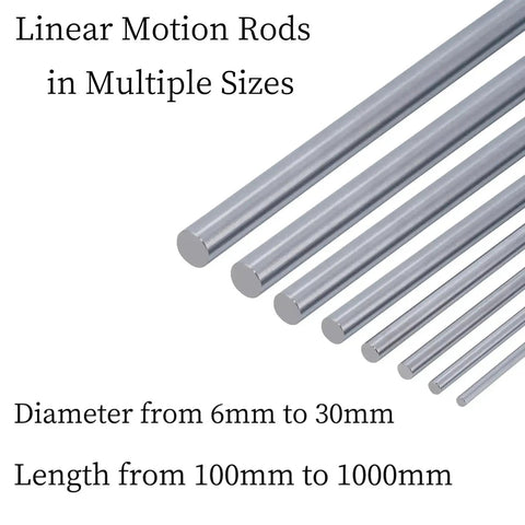 Linear motion rods in multiple sizes ranging from 6mm to 30mm diameter and 100mm to 1000mm length, arranged side by side.