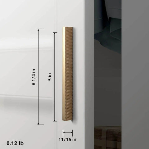 Side view of a 5-inch champagne bronze knurled cabinet pull installed on a cabinet, showcasing the six pack design from Goo-Ki.