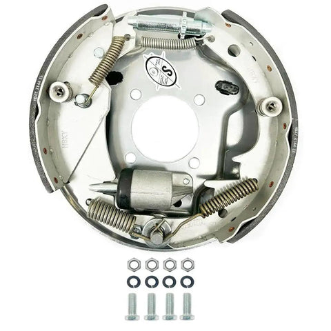 Front view of Southwest Wheel 10in hydraulic free-backing trailer brake kit with hardware, silver metal
