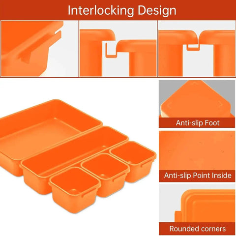 Orange Tool Box Organizer Tray Set With Dividers for Drawer Storage showing interlocking design and anti-slip features.