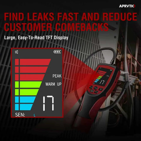 Rechargeable HVAC Refrigerant Leak Detector with a 2.6 inch color display and flexible probe, shown in use detecting leaks.