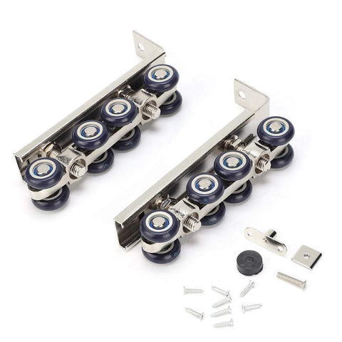 8 Wheel Door Track Pulley Kit For Sliding Barn Doors, Silent Rolling Floor Track System with hardware components, silver and blue.