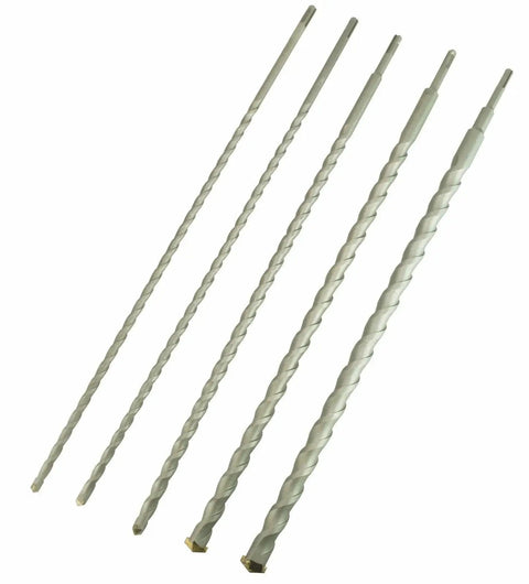 5 Piece 24 Inch SDS Masonry Drill Bit Set For Concrete Brick Mortar And Stone With Three Eighths One Half Five Eighths Seven Eighths And One Inch Tungsten Carbide Tip Bits Erie Tools Built For Pros And Weekend Warriors Alike, showing side view of bits
