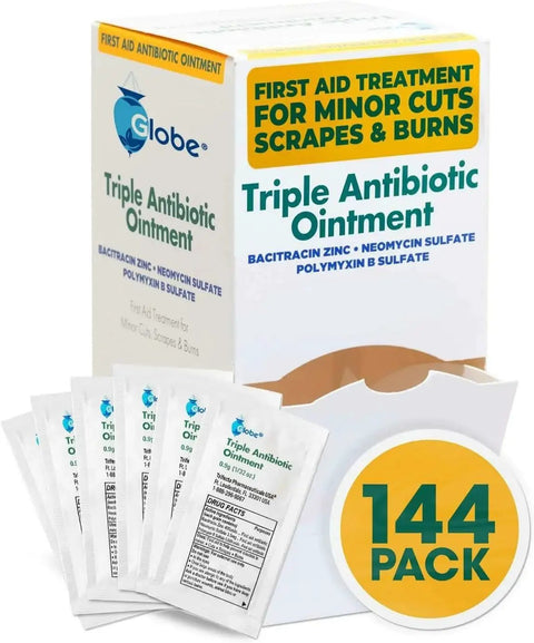Travel Size Triple Antibiotic Ointment Pack For Minor Scratches And Burns 0.9g Singles 144 Pack with sachets and box visible