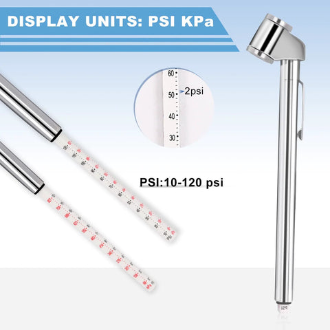 WNCGC Pencil Tire Pressure Gauge 2-pack with white bodies and red PSI marks; 10-120 psi range, chrome inflator tool visible.