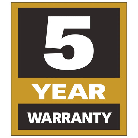 5 year warranty badge with black and gold design on Heavy Duty Pro Grade Wood Lathe Powermatic 20 By 20 Inch Variable Speed With Reversible Turning