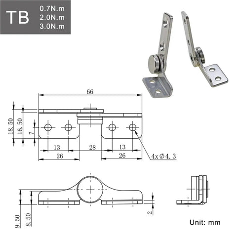 Cabinet door hinge, 304 stainless steel damping, TB-right 2.0 N·m torque, non-adjustable, 1 piece (front/side view).