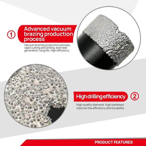 Close-up of Pro Grade Diamond Core Drill Bits with text highlighting vacuum brazing and high drilling efficiency features.