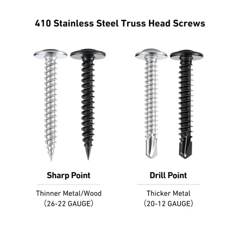 Black Self Tapping Screws Assortment Kit 190 Pieces Stainless Steel 410 Self Drilling Screws For Metal Wood Plastic With Truss Head Eight By One Half Inch Eight By Three Quarters Inch Eight By One Inch showing both sharp and drill point screws.