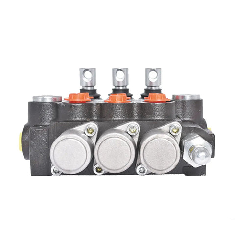 Front view of Heavy Duty Monoblock Hydraulic Directional Control Valve for small tractors, 3 spool loader, 13 GPM, 3600 PSI, SAE ports.