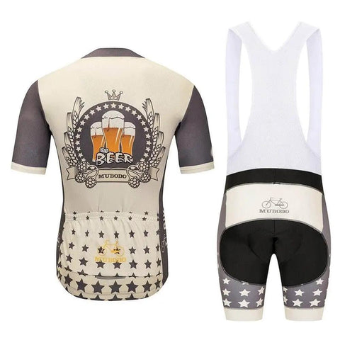 Men's cycling jersey and bib shorts set with a beer graphic design, featuring stars and neutral tones.