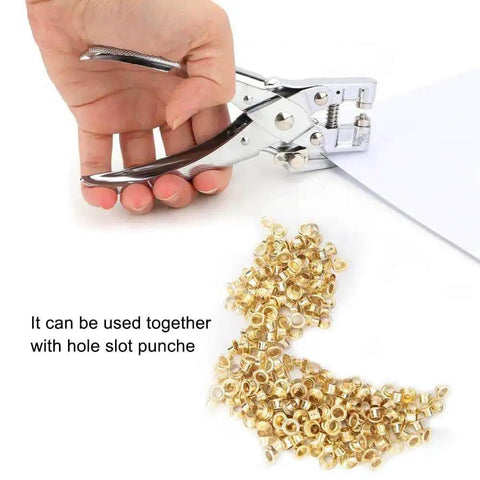 4Mm Round Eyelet Grommet Kit With Single Hole Punch, heavy duty metal set, shown with punch tool and pile of eyelets on white background
