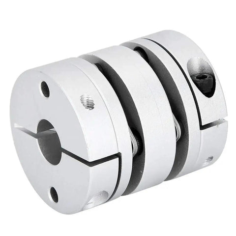 Aluminum alloy shaft coupling, two-piece split clamp design, silver finish