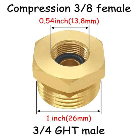 Brass Water Line Adapter 2 Pack Three Quarters GHT Male To Three Eighths Inch Compression Female Reducer Bushing with dimensions.