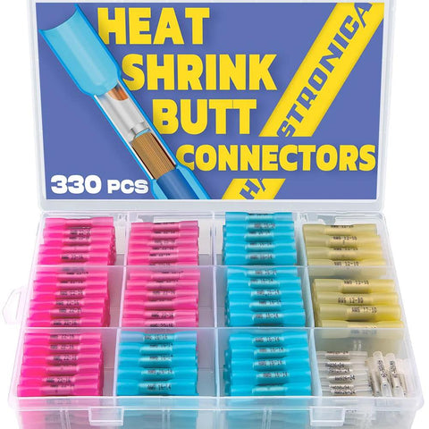 Heat shrink butt connector kit, 330 pieces, color-coded pink/blue/yellow/beige in a clear plastic box.