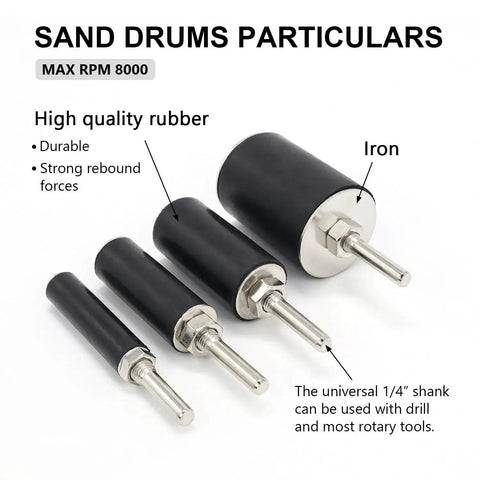 Pro Sanding Drum Kit With One Quarter Inch Shank For Drill Or Drill Press Includes Four Rubber Drums In One Half Inch