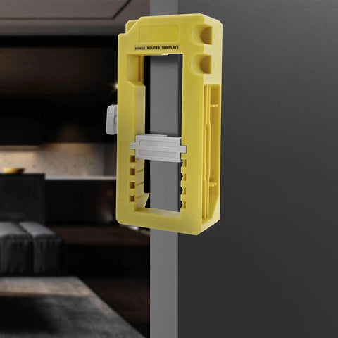Pro Grade Door Hinge Mortise Jig Kit with Self Centering Drill Bits in use on door edge, yellow plastic router template visible