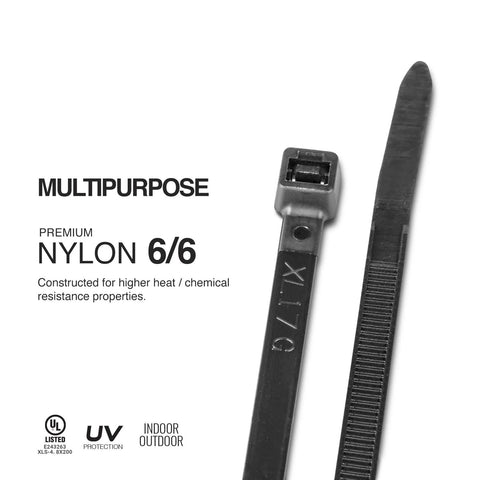 Cable tie, 8-inch black nylon, UV resistant multipurpose for indoor/outdoor use.