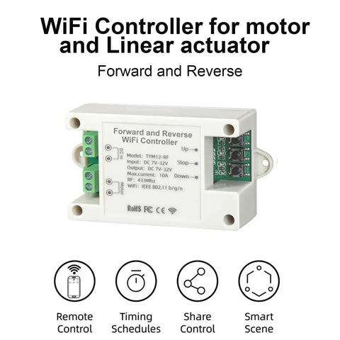 Smart Wireless Linear Actuator Controller With 10A Relay And Timer For 12V 24V 32V DC Motors Dual Control Via WiFi And RF Remote