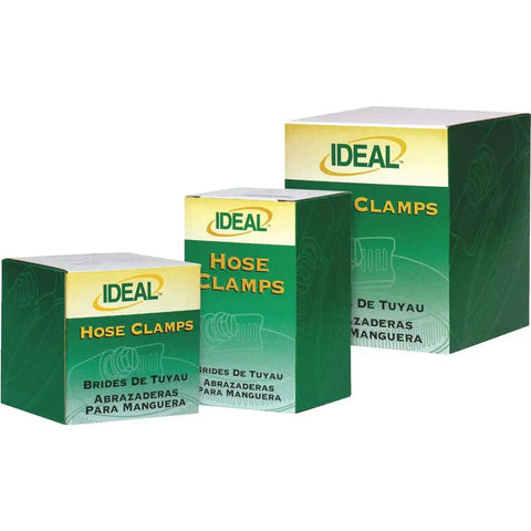 Boxes of stainless steel hose clamp set of 10 for 0.38 to 0.88 inch hoses, extra wide 0.5 inch band, made in the USA.