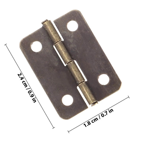 2 Inch Mini Folding Hinges With Screws In Antique Copper, 20 Pack For Jewelry Boxes, shown with measurements.
