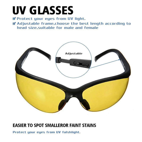 Air Conditioner UV Dye Leak Detector Kit With 68 LED UV Flashlight For Auto AC Leak Testing Pro Grade Tool With Protective Glasses 12.3W 385 To 395nm Leak Detection Ideal For Service Techs REALHUNLEE, showing protective UV glasses