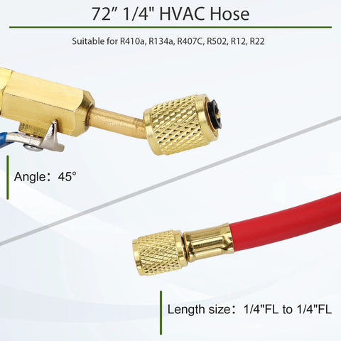 3pc 72in 1/4in HVAC hose set with brass flare fittings and compact ball valve, yellow/red/blue