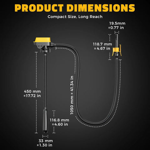 Cordless Fuel Transfer Pump With Auto Stop For No Mess Fueling Three Point Two GPM Flow Portable Diesel And Gas Pump With Fifty One Inch Hose Includes Three Adapters Compatible With Twenty Volt And Eighteen Volt Batteries Bare Tool Yellow product dimensions diagram in millimeters and inches, showing compact size and long reach.