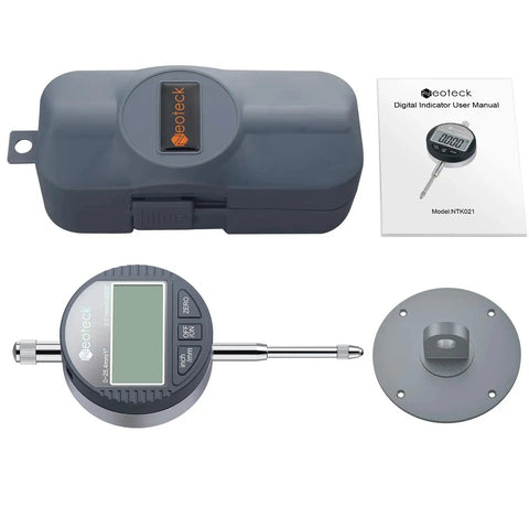 Digital Dial Indicator 1 Inch 25.4 Mm High Resolution 0.0005 Inch 0.01 Mm LCD Gauge With Aluminum Alloy Body For Precision Measurement In Mechanical Industrial And Laboratory Work 0-25.4 Mm Range Neoteck, shown with case, manual, and mounting accessory.