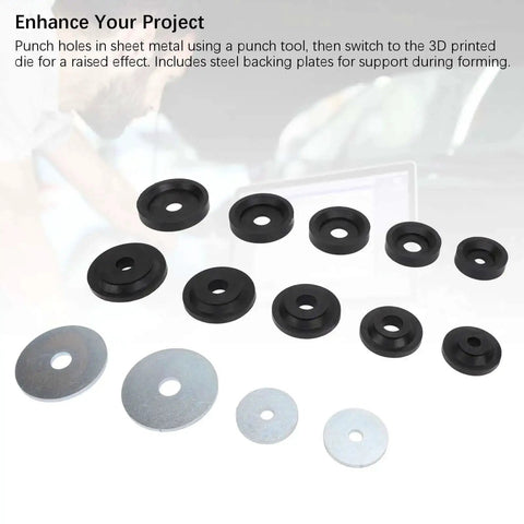 Pro Grade Built To Last Heavy Duty Dimple Die Set For Sheet Metal With Flared Hole Dies And Steel Backing Plates Displayed
