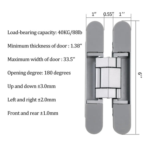 Hidden Door Hinges 6 Inch Heavy Duty Concealed Zinc Alloy 180 Degree Swing 3 Way Adjustable Butt Hinge for Secret Doors