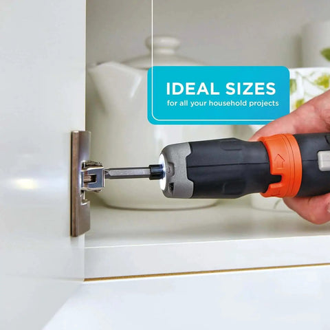 Effortless 42 Piece Screwdriver Bit Set For Home Diy Projects With Magnetic Drive Guide And Clear Case Includes 1 In Bits For Everyday Household Tasks Handy Storage By Black Decker being used to tighten a cabinet hinge.