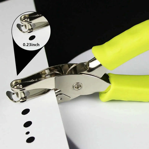 12 Piece Multicolor Single Hole Puncher Set demonstrating precise 1/4 inch hole punch on paper, metal handheld with soft grip for crafts