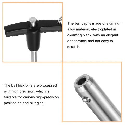 Two Pack T Handle Lock Pins 6mm x 40mm Stainless Steel Push Button Quick Release Pins close-up with black aluminum cap
